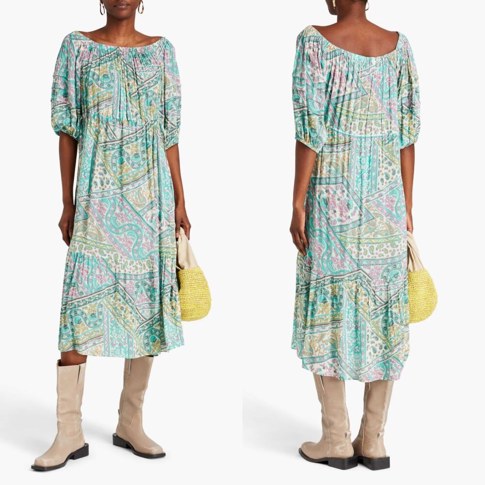 BA&SH Faga Off The Shoulder Midi Dress Size Small Green Paisley Preowned